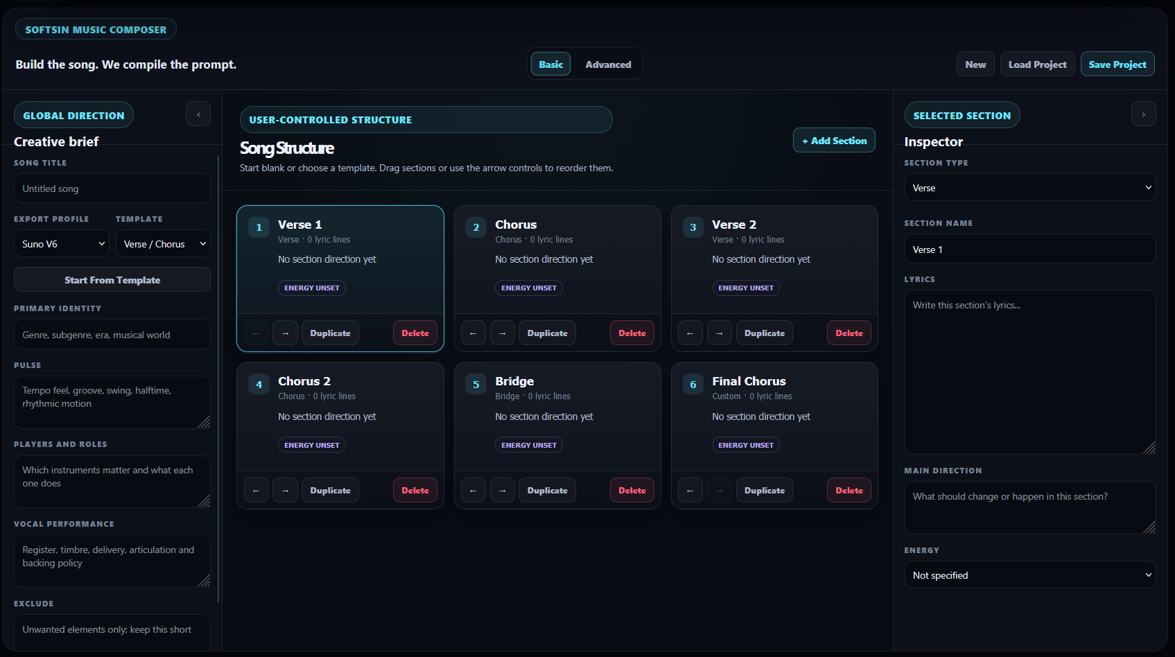 SoftSin Music Composer showing the creative brief, user-controlled song structure, and selected section inspector
