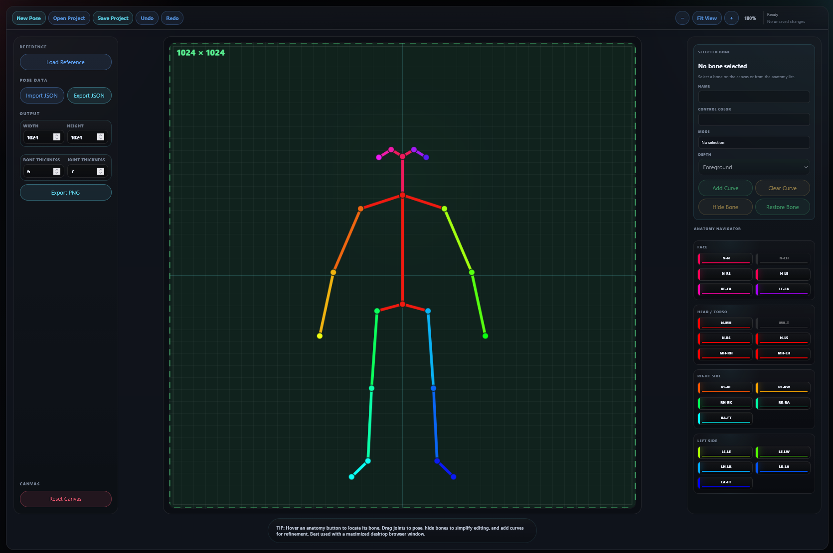 Pose Creator and Editor V2 showing the BODY_25 canvas, pose controls, selected bone inspector, and Anatomy Navigator