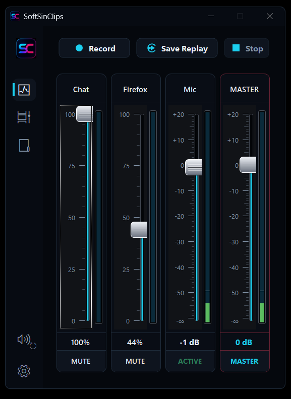 SoftSinClips recording controls and audio mixer