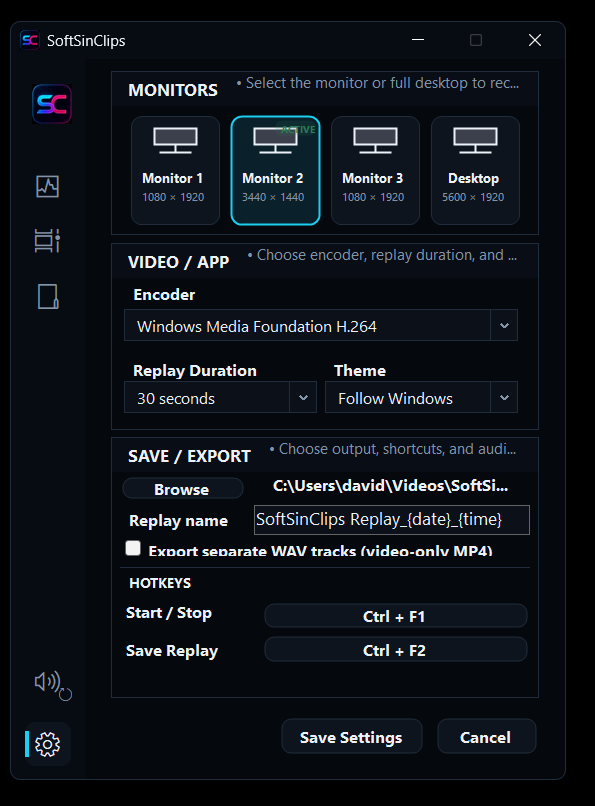 SoftSinClips monitor, encoder, replay, export, and hotkey settings